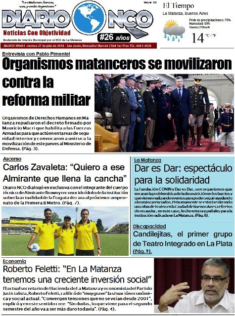 Portada impresa de Diario NCO del 27-07-2018 #BuenViernes 