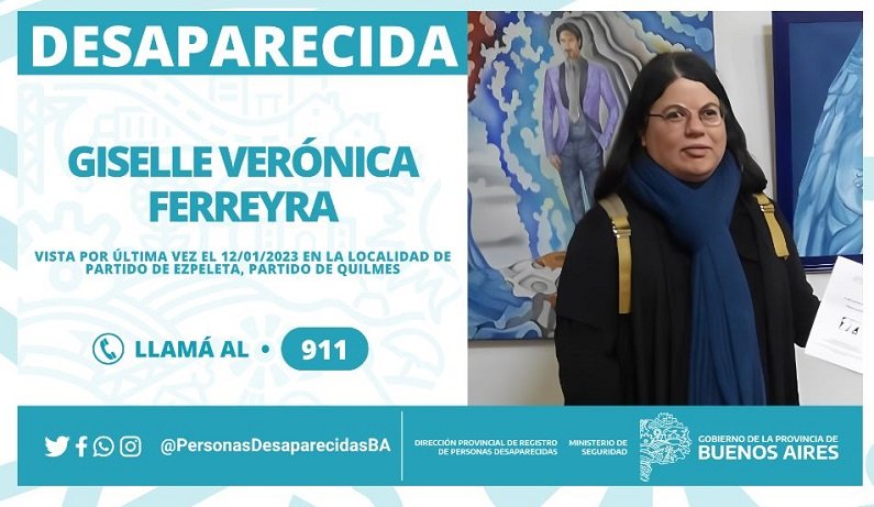 Giselle, de 45 años, fue vista por última vez el 12 de enero de 2023 en la localidad de Ezpeleta, partido de Quilmes.