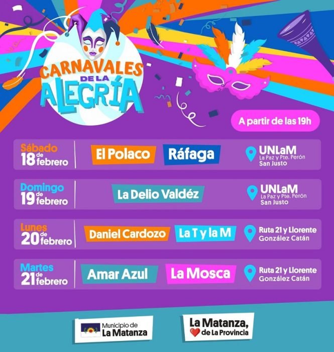 Carnavales de la Alegría 2023, que llegarán a la ciudad de San Justo el sábado 18 y domingo 19 de febrero