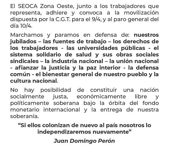 Paro y Movilización: El SEOCA se suma a las medidas de fuerza.